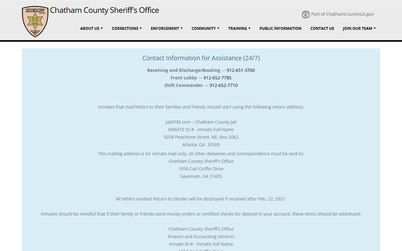 Chatham County Sheriff Office website for booking releases in Savannah Georgia