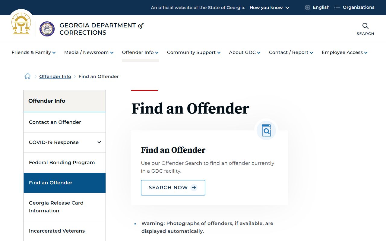 GDC Find an Offender page for Georgia booking releases
