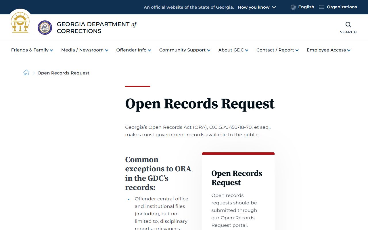 GDC Open Records request page for Georgia booking releases